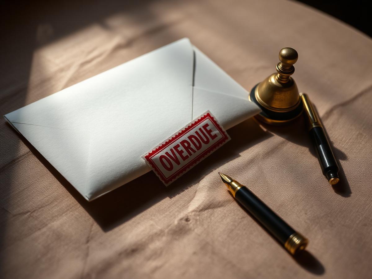 Brief mit rotem 'Overdue'-Stempel neben Füllfederhalter und Glocke auf warmem Leinen