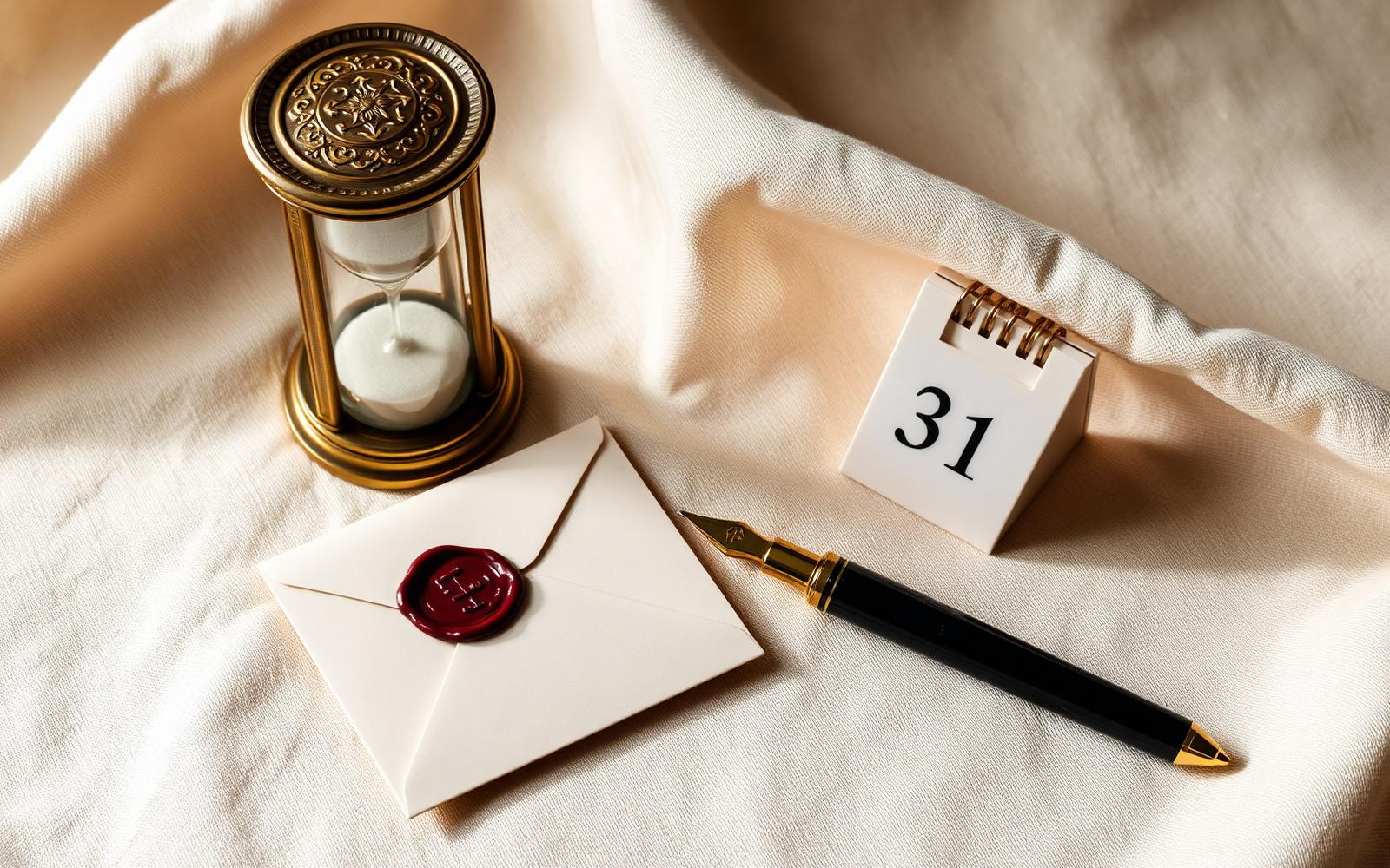Messing-Sanduhr, cremefarbener Umschlag mit rotem Wachssiegel, Füllfederhalter und Kalender mit dem 31. auf warmem Leinen — Symbol für die Verjährung von Rechnungen zum Jahresende